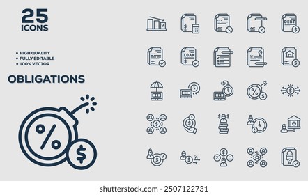 Obligation set of 25 outline icons related to Fitness. Linear icon collection. Editable stroke. Vector illustration