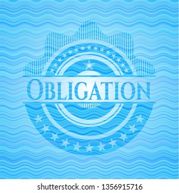 Obligation sky blue water wave style emblem.