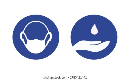  Obligation to wear a mask and disinfect your hands. Obligation sign, mandatory sign or safety sign. Prevention against the Covid-19 coronavirus pandemic.  Vector icon set.