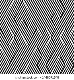 Oblique black lines. Vector seamless pattern. Repeating geometric background with zigzag elements. Pattern with 50% black and white lines in foreground and 50% black and white lines in background.