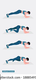 Oblique Crunch exercise, Women workout fitness, aerobic and exercises. Vector Illustration.