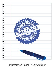 Oblique emblem with pen effect. Blue ink. Vector Illustration. Detailed.