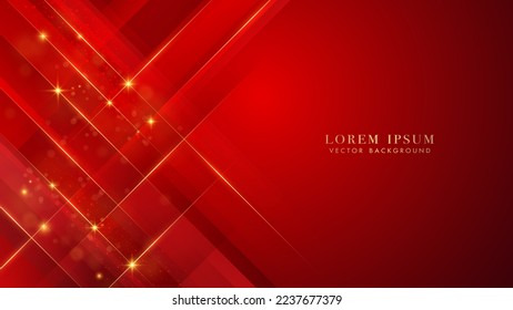 Oblique golden lines with glitter light effect and bokeh on red luxury background. Elegant abstract design template vector