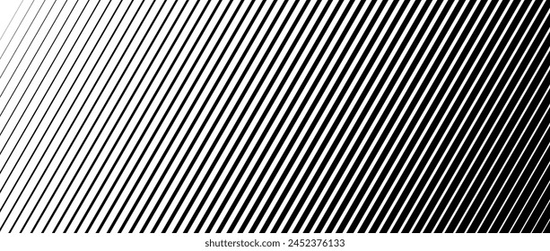 Oblique line halftone gradation texture. Fade diagonal stripe gradient background. Slant pattern backdrop. Black thin to thick stripe vanish backdrop for overlay, print, cover, graphic design. Vector