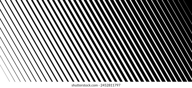 Oblique line halftone gradation texture. Fading diagonal stripe gradient background. Slanted pattern backdrop. Thin to thick stripe vanish backdrop for overlay, print, cover, graphic design. Vector