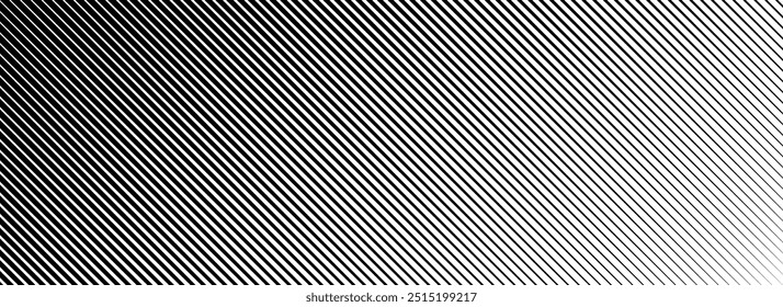 Textura de gradación de semitono de línea oblicua. Fondo de degradado de franja diagonal de desvanecimiento. Fondo de patrón de líneas inclinadas negras. Fondo de pantalla de franjas paralelas delgadas que desaparecen para superposición, impresión, cubierta. Vector