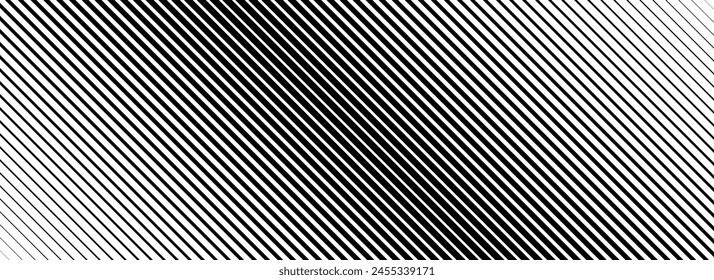 Oblique line halftone gradient texture. Fading diagonal stripe gradation background. Black slanted pattern backdrop. Thin to thick stripe vanish backdrop for overlay, print, cover. Vector wide texture