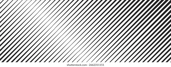 Textura de degradado de semitono de línea oblicua. Fondo de gradación de banda diagonal de desvanecimiento. Fondo de patrón inclinado negro. Fondo de desvanecimiento de rayas finas a gruesas para superposición, impresión, cubierta. Textura ancha de Vector