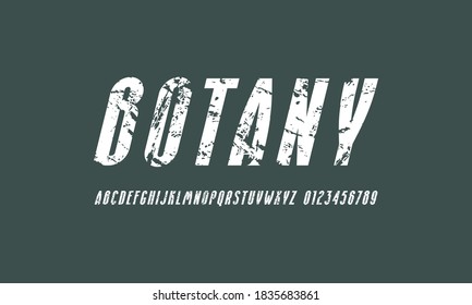Oblique narrow sans serif font. Bold face. Letters and numbers with rough texture for logo and headline design. White print on green background