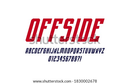 Oblique narrow sans serif font in sport style. Letters and numbers for logo and emblem design. Color print on white background