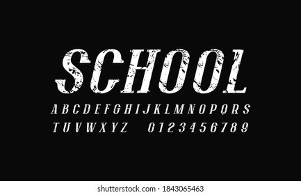 Oblique narrow serif font in newspaper style. Letters and numbers with rough texture for logo and headline design. White print on black background