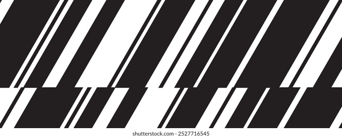 Oblique parallel stripes of different thickness. Slanted black and white lines background. Simple stripy texture. Geometric dynamic print with tilte strips. Vector graphic illustration.