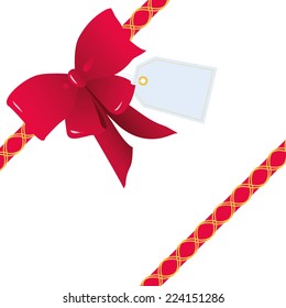 Oblique Red Ribbons and Bow for Gift Wrapping. Vector illustration of a bow, two ribbons with golden decorations and a tag. Perfect to celebrate Christmas, Valentine's Day, anniversaries and birthdays