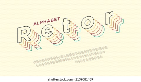 Oblique retro font in 90s, 80s style with colorful layers. Letters and numbers included. Outline layered colored font. Vector alphabet abc