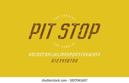 Oblique sans serif font. Letters and numbers with rough texture for sport logo design