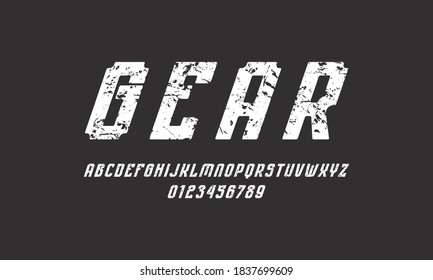 Oblique sans serif font with rounded corners. Bold face. Letters and numbers with rough texture for sport logo and emblem design
