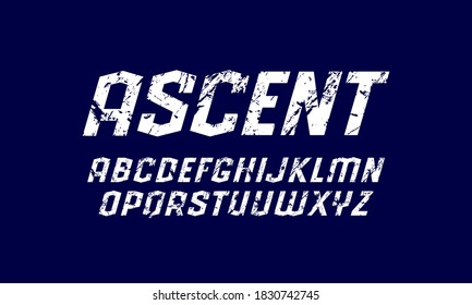 Oblique sans serif font in sport style. Letters with rough texture for logo and emblem design. White print on blue background