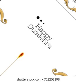 Oblique seamless pattern with a bow and arrow with a fiery tip. Inscription "happy dussehra"