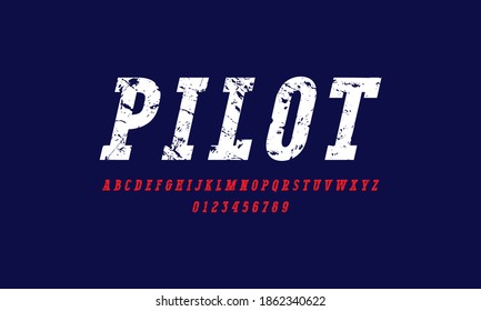Oblique serif font in classic style. Letters and numbers with rough texture for logo and label design. Print on blue background