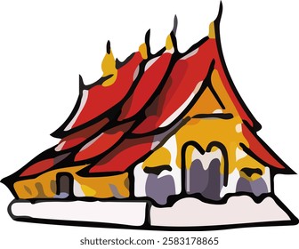 Oblique view of a Buddhist temple in Luang Prabang, Laos, Wat Xiengthong, vector illustration