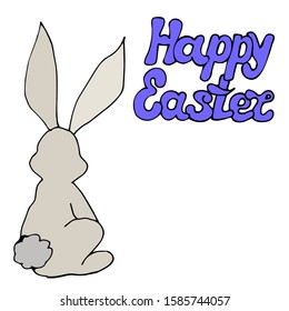 Oblique wild hare and the text ,, Happy Easter. "Hand-drawn. Suitable for design postcards, coloring. Copy space. White isolated background. Stock Vector illustration
