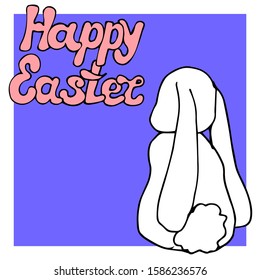 Oblique wild hare and the text ,, Happy Easter. "Hand-drawn. Suitable for design postcards, coloring. Copy space. White isolated background. Stock Vector illustration