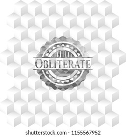 Obliterate retro style grey emblem with geometric cube white background