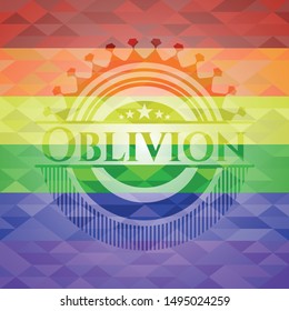 Oblivion emblem on mosaic background with the colors of the LGBT flag