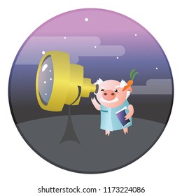 Oblivious funny pig scientist uses telescope to see something in the sky. Vector illustration.  Isolated on transparent background.  Excellent for the design of postcards, posters, stickers and so on.