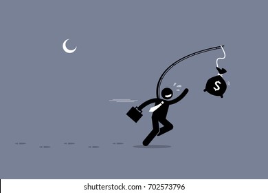 Oblivious man chasing a bag of money. Artwork illustration depicts foolishness, stupidity, unawareness, and decoy. 