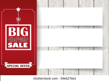 Oblong banner with ribbon for christmas sale on the wooden background. Eps 10 vector file.