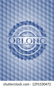 Oblong blue badge with geometric pattern background.