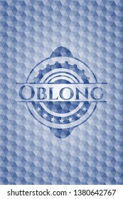 Oblong blue emblem with geometric background.
