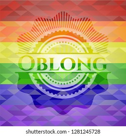 Oblong emblem on mosaic background with the colors of the LGBT flag