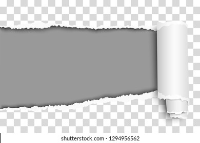 Oblong snatched hole in transparent sheet of paper from left side to right side with paper curl and gray resulting background. Vector paper template design.