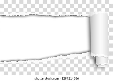 Oblong snatched hole in transparent sheet of paper from left side to right side with paper curl and white resulting background. Vector paper template design.