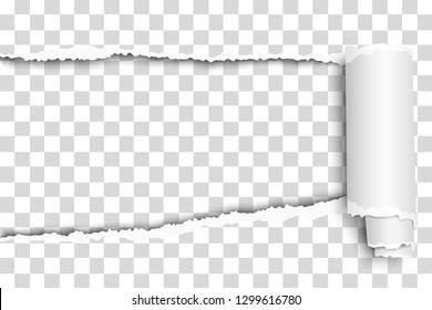 Oblong snatched hole in transparent sheet of paper from left side to right side with paper curl. Vector paper template design.