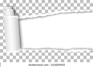 Oblong snatched hole in transparent sheet of paper from right to left side with paper curl and white resulting background. Vector paper template design.