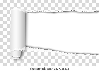 Oblong snatched hole in transparent sheet of paper from right side to left side with paper curl, shadow and white resulting background. Vector paper template.