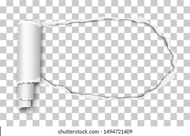 Oblong snatched hole in transparent sheet of paper with paper curl. Vector paper template.
