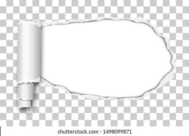 Oblong snatched hole in transparent sheet of paper from right side to left side with paper curl and white resulting background. Vector paper template.