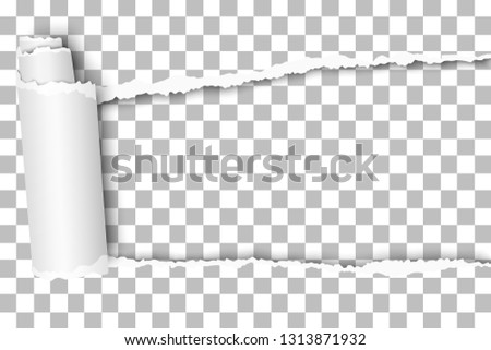 Oblong snatched hole in transparent sheet of paper from right to left side with paper curl. Vector paper template design.