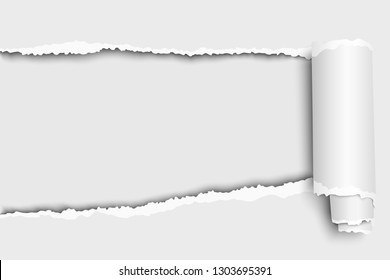 Oblong snatched hole in white sheet of paper from left side to right side which edges have shadow and paper curl. Vector paper template design.