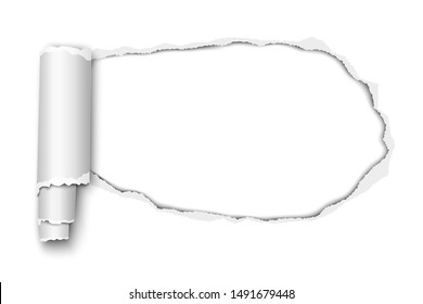 Oblong snatched hole in white sheet of paper with paper curl. Vector paper mock up.
