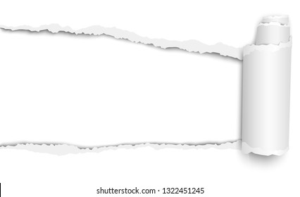 Oblong torn hole from left to right in white sheet of paper with shadow and paper curl. Vector template paper design.