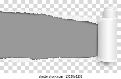 Oblong torn hole from left to right in transparent paper with shadow, paper curl and dark gray background. Vector template paper design.