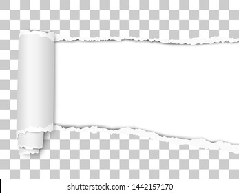 Oblong torn hole from right to left in transparent sheet of paper with shadow and paper curl. White resulting background. Vector paper mock up.