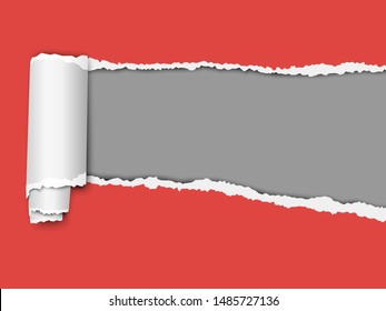 Oblong torn hole from right to left in red sheet of paper with shadow and paper curl. Dark gray resulting background. Vector paper mock up.