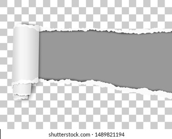 Oblong torn hole from right to left in transparent sheet of paper with shadow and paper curl. Dark gray resulting background. Vector paper mock up.