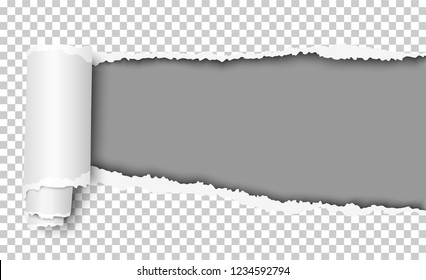 Oblong torn hole in transparent sheet of paper with paper curl and gray resulting background. Vector template paper design.